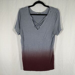 BKE Blouse Women's Small Blue Red Striped Vneck Short Sleeve Pullover